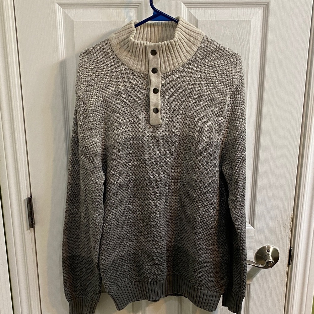 Denver Hayes Cotton Knit Quarter Snap Cowl Neck Sweater Grey Cream Men’s Large